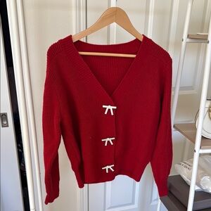 Chicwish Red Holiday Christmas Cardigan with Bow-Tie Closures